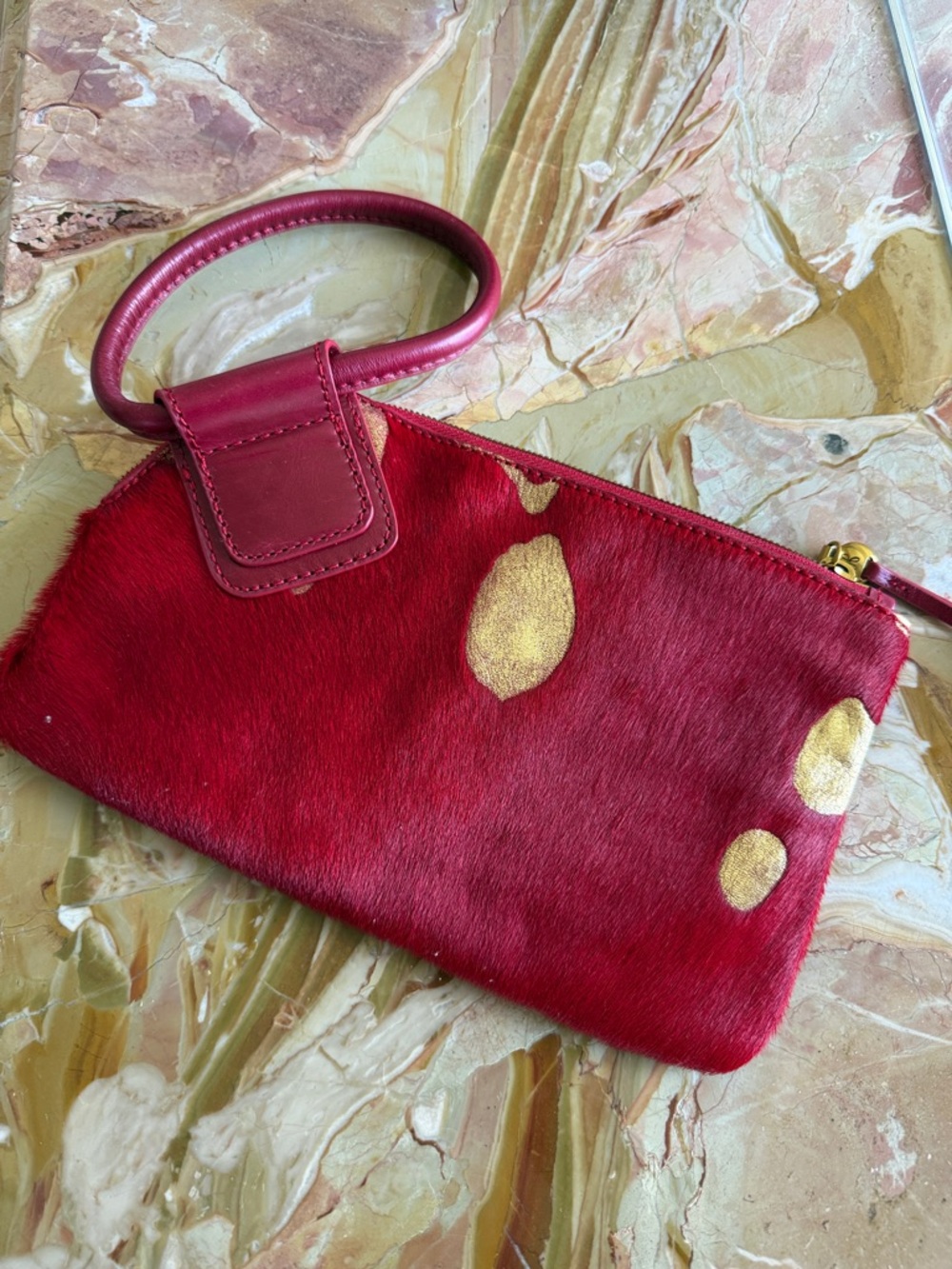HOBO Red Haircalf Wristlet with Gold Spot Accents